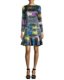 Paisley Diamond Long-Sleeve Flounce Dress, Rainbow