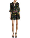 Jolene Split-Neck Smocked-Waist Mini Dress, Multicolor