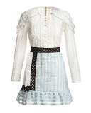 Frill-Trim Paneled Lace Dress, White/Black/Baby Blue