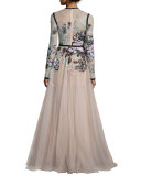 Floral-Embroidered Long-Sleeve Gown, Blush/Multi