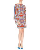 Full-Sleeve Carretto-Print Sheath Dress, Red/Yellow/Blue