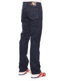 Contrast-Stitch Straight Denim Jeans, Dark Brown Gold