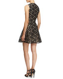 Sleeveless High-Neck Floral-Lace Dress, Black