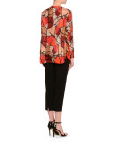 Delaunay-Print Long-Sleeve Blouse, Red/Burgundy