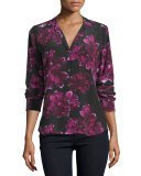 Adalyn Long-Sleeve Floral-Print Silk Shirt, True Black/Hollyhock