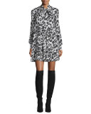 Long-Sleeve Floral Silk Tie-Neck Mini Dress, Ivory