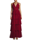 Sleeveless Tiered Silk Chiffon Gown, Bordeaux