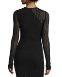 Long-Sleeve Netted Mesh Top, Black