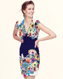Cap-Sleeve V-Neck Floral-Print Dress, Black/White/Blue