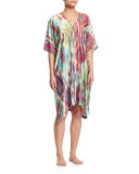 Waterfall Ikat-Print Short Lounge Caftan, Bright Blue/Multi