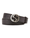 Interlocking G-Buckle Leather Belt, Black