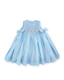 Sleeveless Floral-Trim Smocked Dress w/ Bows, Blue, Size 2-4T
