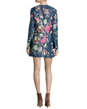 Floral-Print Leather Sleeveless Shift Dress, Blue Multicolor