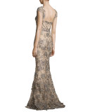 Cap-Sleeve Beaded Rose Gown, Gray