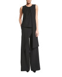 Draped-Front Wide-Leg Pants, Black