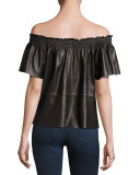 Carmen Smocked Leather Off-the-Shoulder Short-Sleeve Top, Black