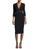 Grommet-Trim V-Neck Sheath Dress, Black