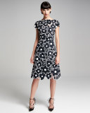 Floral Cutout Cap-Sleeve Cocktail Dress, Black/White