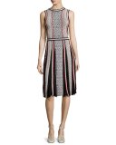 Sleeveless Tweed-Print Day Dress, Black Pattern