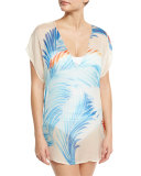 Eze Feather-Print Dolman Silk Coverup, Neutral/Blue