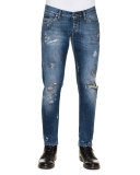 Distressed Dirty-Wash Denim Jeans, Blue