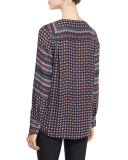 Multipattern Silk Tie-Front Blouse, Blue/Multicolor