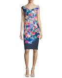 Cap-Sleeve Floral-Print Sheath Dress, Wishing Well