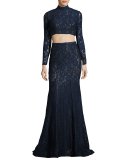 Long-Sleeve Beaded Lace Two-Piece Gown, Navy