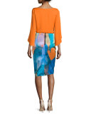 Watercolor-Print Midi Skirt, Teal 