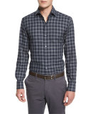 Grid Plaid Long-Sleeve Sport Shirt, Navy