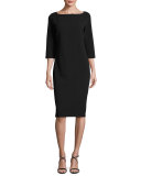 3/4-Sleeve Textured Slim Dress, Black, Petite