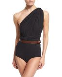 One-Shoulder Wrap One-Piece Swimsuit with Belt