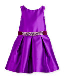 Sleeveless Belted Taffeta Party Dress, Purple, 4-6