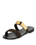 Men's Braided Leather Slide Sandal w/Golden Bar, Brown