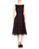 Mara Sleeveless Floral-Embroidered Dress, Black/Burgundy