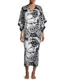 Tuvala Floral-Print Lounge Caftan, Black