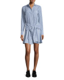Long-Sleeve Striped Cotton Tie-Waist Shirtdress, Midnight/Soft White