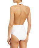 Belted Halter Maillot One-Piece Swimsuit, White