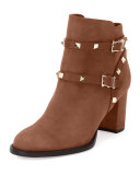 Rockstud Suede Chunky-Heel Boot, Tobacco 