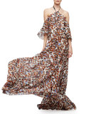 Halter-Neck Floral-Print Silk Chiffon Gown, Natural/Multi Colors