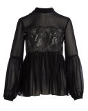Sundream Long-Sleeve Lace-Inset Blouse, Black