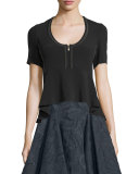 Short-Sleeve Zip-Front Peplum Blouse, Black