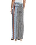Mixed-Print Silk Wide-Leg Trousers, Light Pumice