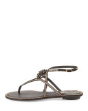 Floral Crystal-Trim Flat Thong Sandal, Black