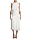 Pleated Chiffon Lace-Inset Dress, Chalk