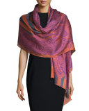 Stripe & Paisley Wool-Blend Scarf, Pink/Gray