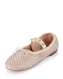 Rockstud Crystal Leather Ballerina Flat, Poudre/Black Diamond