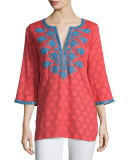 Olivia Dot-Print Embroidered Tunic, Coral/Blue
