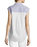 Sleeveless Striped Solid-Combo Poplin Shirt, Indigo