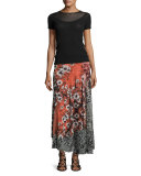 Short-Sleeve Illusion-Neck Top, Black